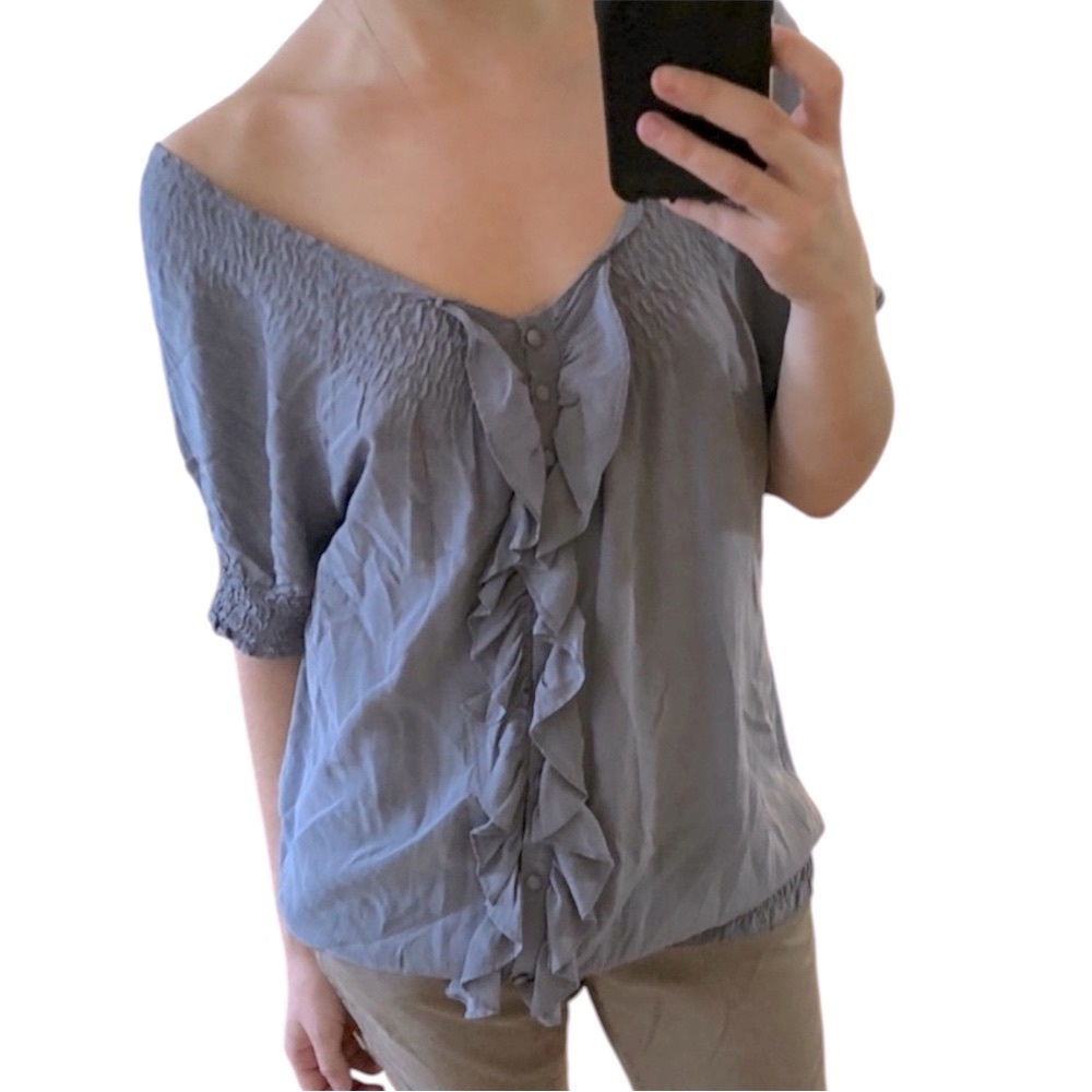 VTG Y2K JOIE Lilac 100% Silk Off The Shoulder Ruffle Button Peasant Top Blouse L